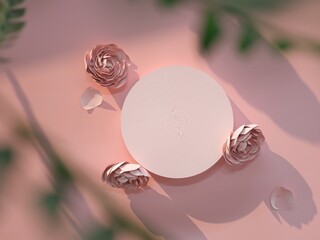 Podium, stand, showcase on pastel light, pink background and flowers. for premium product with nature plant, leaves.3d render.
