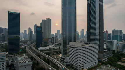 Aerial view of Architecture details Modern Building Glass facade Business background. Jakarta - Indonesia. June 9, 2021