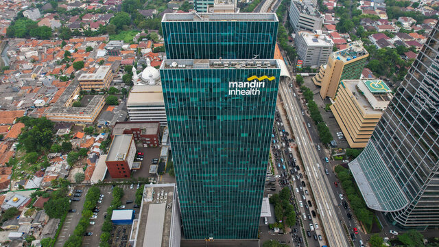 Aerial view of Mandiri inhealth tower located at Kuningan Central Business District in Jakarta city. Jakarta - Indonesia. June 9, 2021