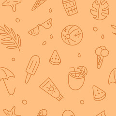 Summer seamless background. Seamless pattern with different elements: sunglasses, ball, sunscreen, ice cream, drinks, etc. Vector background.