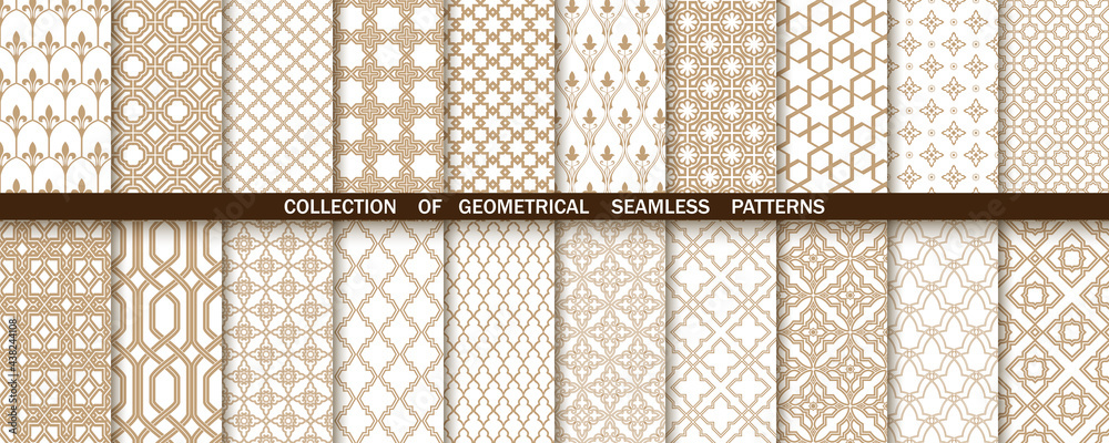 Wall mural geometric collection of gold and white patterns. seamless vector backgrounds. simple graphics