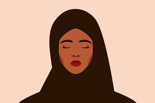 Sad Arabian Woman With Closed Eyes. Portrait Of Weeping Girl Emotions Grief. Unhappy Muslim Female Feels Depression. Mental Health Concept. Vector Illustration