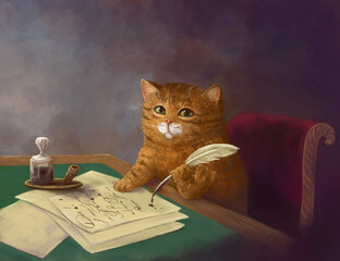 beautiful cute ginger tabby cat sitting at the table and writing a letter with a pen. painting in the style of the 19th century - 438245148