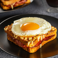 Hot French sandwich for breakfast. Croque madame sandwich. Bechamel sauce. Fried egg. Frosted dishes, cherry tomatoes on a branch.