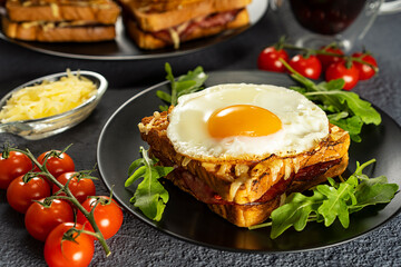 Hot French sandwich for breakfast. Croque madame sandwich. Bechamel sauce. Fried egg. Frosted dishes, cherry tomatoes on a branch.
