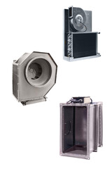 Few modern industrial fans closeup isolated on white background