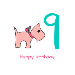 Happy birthday card with dog in hand drawn style