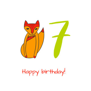 Happy birthday card with fox in hand drawn style