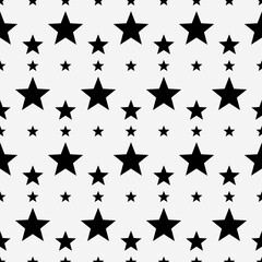 Black stars pattern. Vector seamless stars and white background. Same repeated stars. Small, medium and large size of stars.