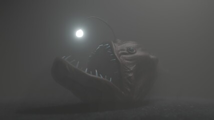 Angler fish on dark blue ocean water 3d illustration.
