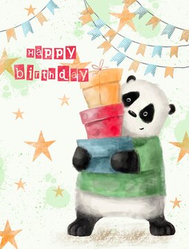 cartoon panda with birthday gift, watercolor illustration, holiday birthday card