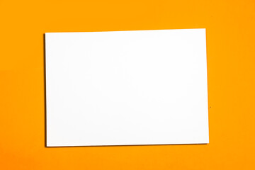 Blank A4 photorealistic landscape brochure mockup on orange background