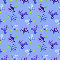 Seamless pattern of iris flowers on a blue background