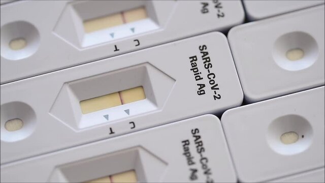 Corona Rapid antigen home test kits mosaic surface close-up pan video