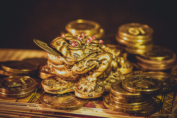 Feng Shui money toad. Chinese frog for money with a coin. - 438248114