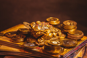 Feng Shui money toad. Chinese frog for money with a coin. - 438248137