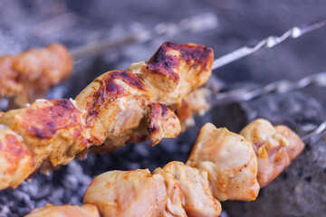 Grilled appetizing chicken meet on skewers, closeup.
