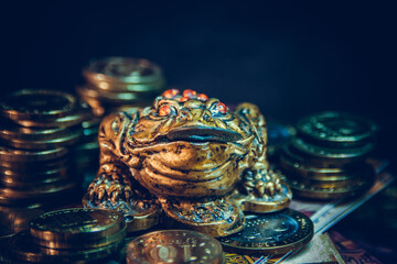 Feng Shui money toad. Chinese frog for money with a coin.