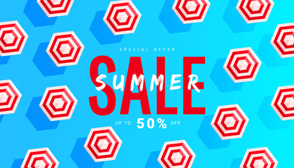 Summer sale banner layout template design with sun umbrella beach accessory