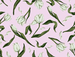 seamless pattern with white tulips, background with spring flowers, hand drawing with oil brushes on canvas texture