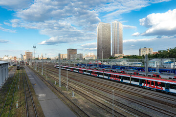 Fototapeta premium The View on the railway yard and cityscape behind it. Moscow, Russia.