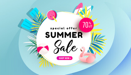 Summer Sale banner, hot season discount poster with flamingo and refreshing cocktail on sea blue background