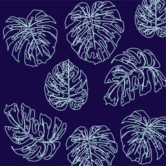 Monstery liście wzór, lekki obrys liści tropikalnych  na ciemnym tle - ilustracja wektorowa