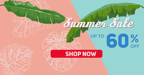 Letnia wyprzedaż -baner z tropikalnymi liśćmi bananowca  - obrazy, fototapety, plakaty