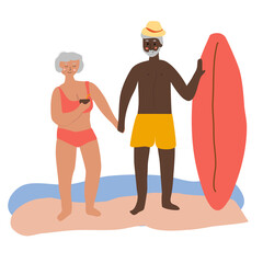 Vector flat illustration of happy old couple on beach. Active old people with surfboard. For graphic design, web-sites, prints. posters, etc