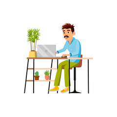 Fototapeta premium adult man communicate with partners on laptop device cartoon vector. adult man communicate with partners on laptop device character. isolated flat cartoon illustration