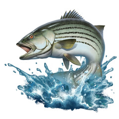Striped bass jumping out of the water illustration isolate realism. Striped perch on the background of splashing water. - 438251132