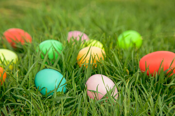 Fototapeta na wymiar Easter hunt concept. Colourful eggs hidden in green grass.