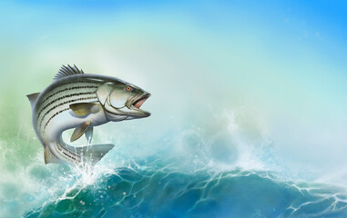 Striped bass jumping out of the water illustration isolate realism. Striped perch on the background of splashing water. - 438251166
