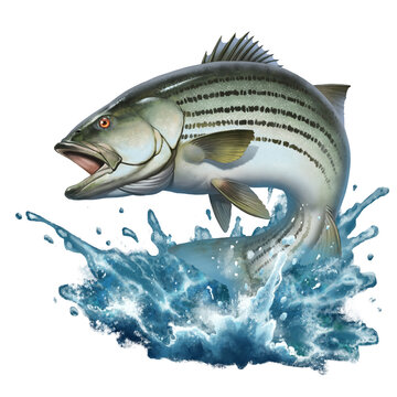 Striped bass jumping out of the water illustration isolate realism. Striped perch on the background of splashing water.
