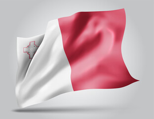 Malta, vector flag with waves and bends waving in the wind on a white background.