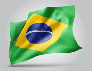 Brazil, vector flag with waves and bends waving in the wind on a white background.