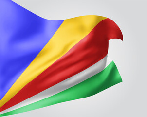 Seychelles, vector flag with waves and bends waving in the wind on a white background.