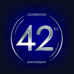 42th anniversary. Forty-two years birthday celebration banner in silver color. Circular logo with elegant number design.