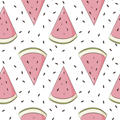 Hand Drawn Watermelon Slices Seamless Pattern. Summer watermelon background. Juicy fruit wedge repeated ornament for backdrop, web, wallpaper, wrapping paper and texture - obrazy, fototapety, plakaty