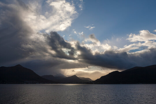 Stormy clouds over the village of Hareid on the Sulafjorden, Sunnm&oslash;re, M&oslash;re og Romsdal, Norway