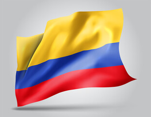 Fototapeta premium Colombia, vector flag with waves and bends waving in the wind on a white background.