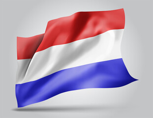 Netherlands, vector flag with waves and bends waving in the wind on a white background.