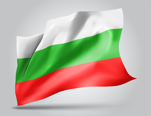 Bulgaria , vector flag with waves and bends waving in the wind on a white background.
