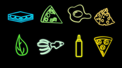 Neon bright glowing multicolored set of eight icons of delicious food and snacks items for restaurant bar cafe: sandwich, pizza, egg, cheese, greens, squid, mustard