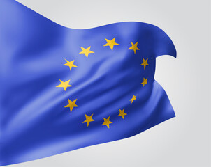European Union, vector flag with waves and bends waving in the wind on a white background.