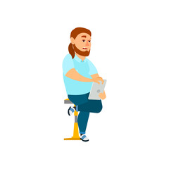 bored overweight man make report on tablet cartoon vector. bored overweight man make report on tablet character. isolated flat cartoon illustration