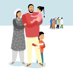 Muslim funeral. In the foreground is a Muslim family. Daughter in her father's arms asks what is happening. Near by cemetery the body of deceased in a shroud on a funeral stretcher. Dead body.