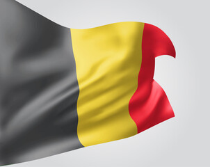 Belgium, vector flag with waves and bends waving in the wind on a white background.