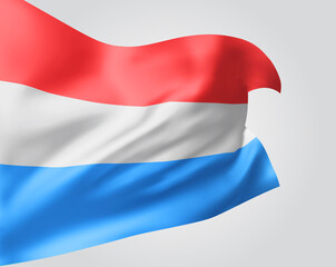 Luxembourg, vector flag with waves and bends waving in the wind on a white background.