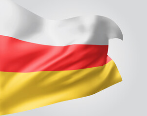 South Ossetia, vector flag with waves and bends waving in the wind on a white background.